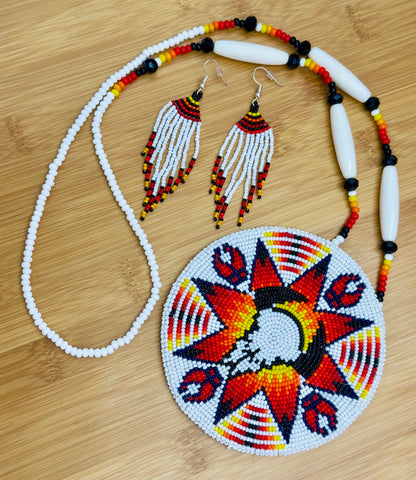 Handmade White Red Beaded Necklace Earrings Set with Pendant