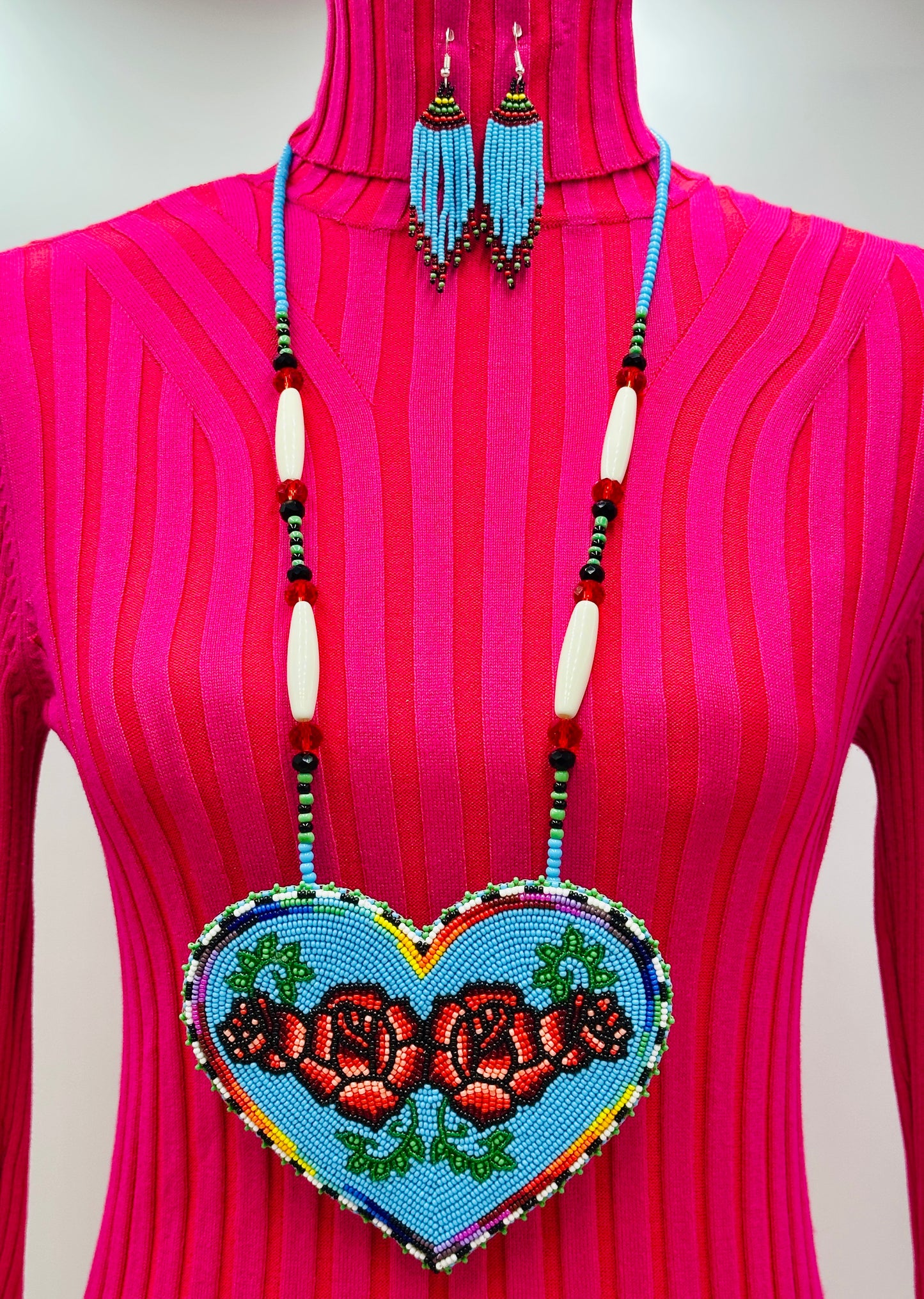 Handmade Blue Heart shape Rose Pendant necklace earrings set
