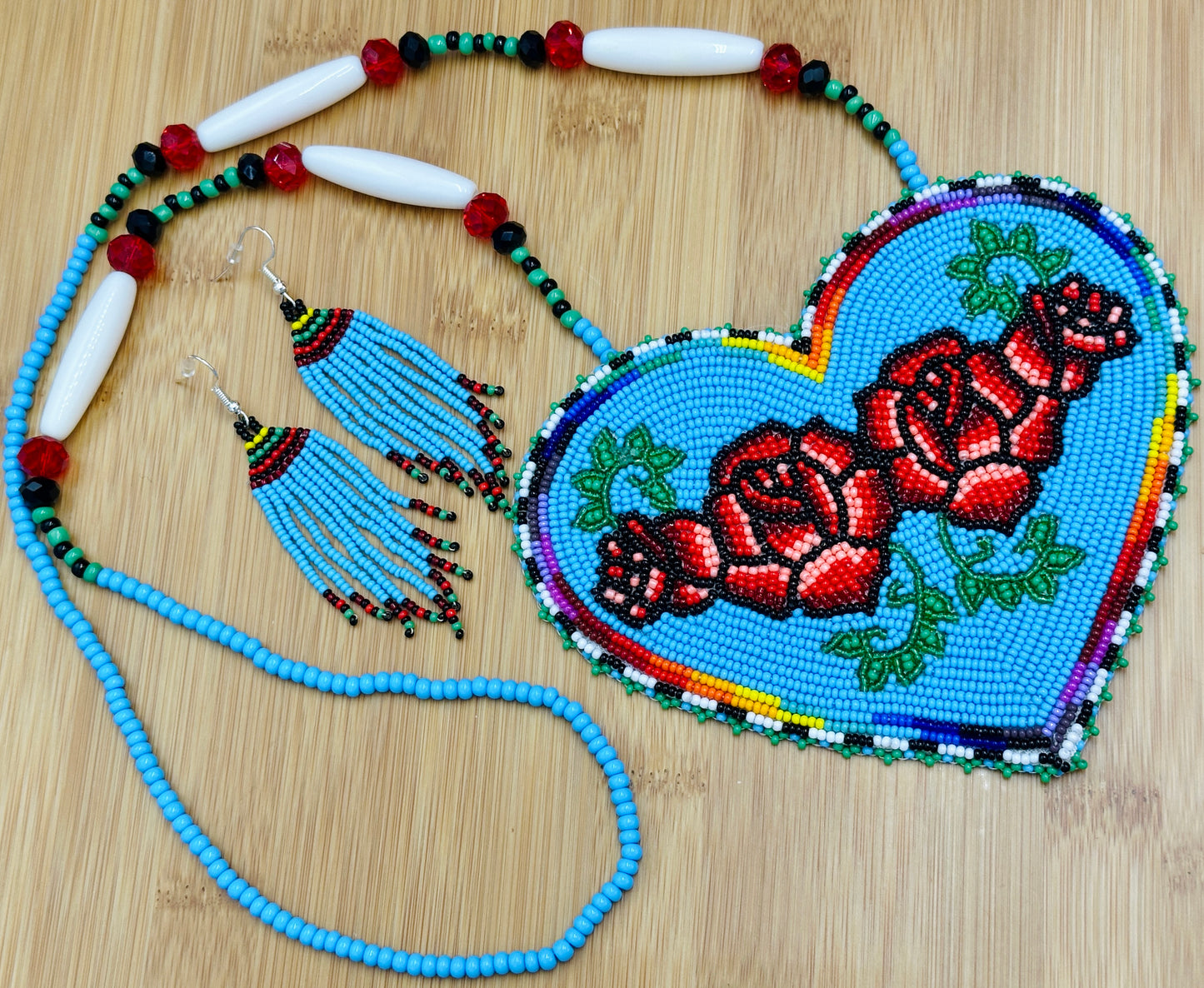 Handmade Blue Heart shape Rose Pendant necklace earrings set