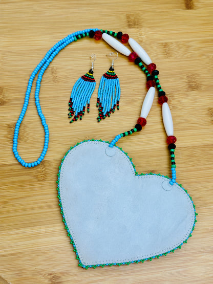 Handmade Blue Heart shape Rose Pendant necklace earrings set