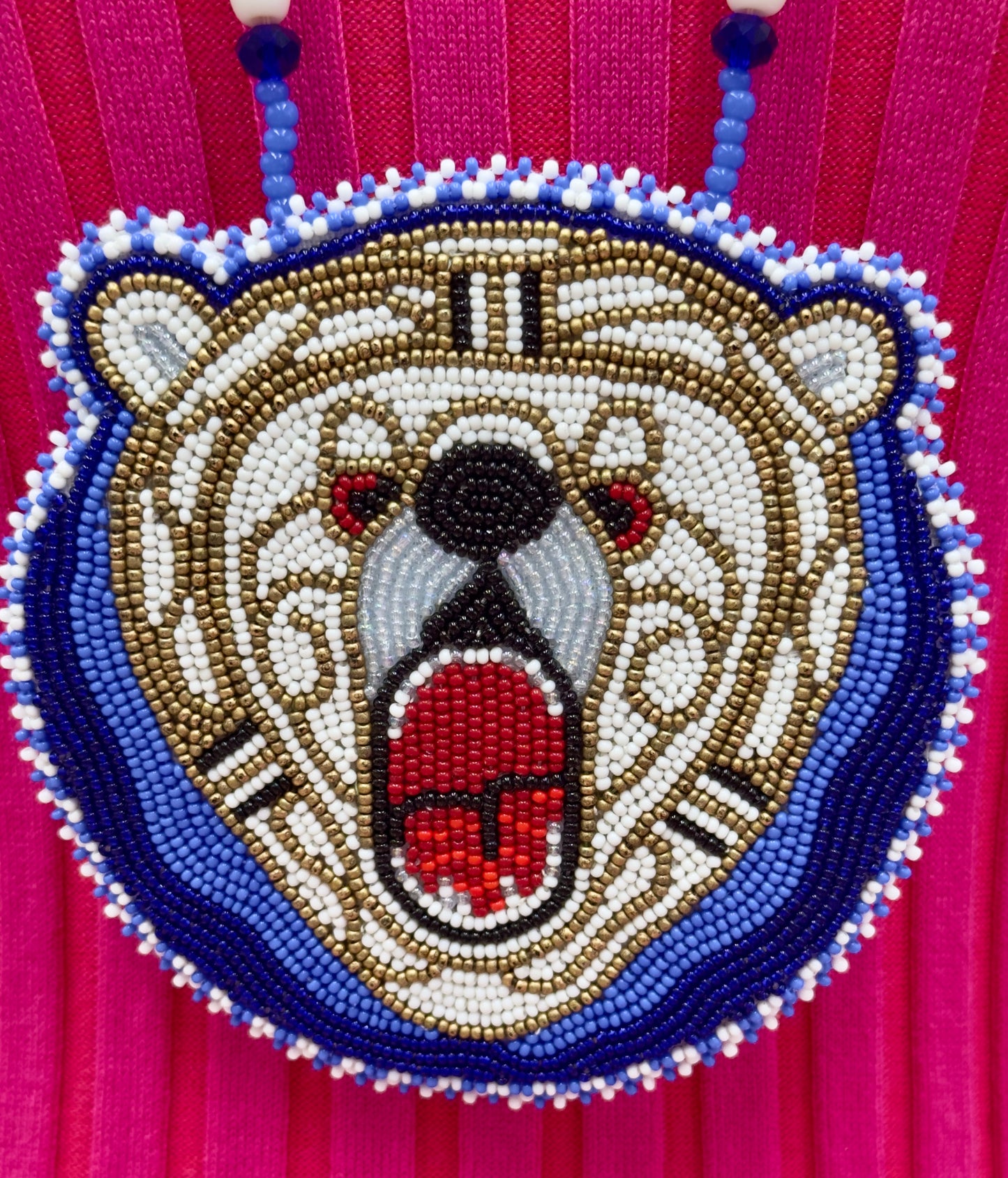 Blue White Beaded Roaring Bear Pendant Necklace & Earrings Set