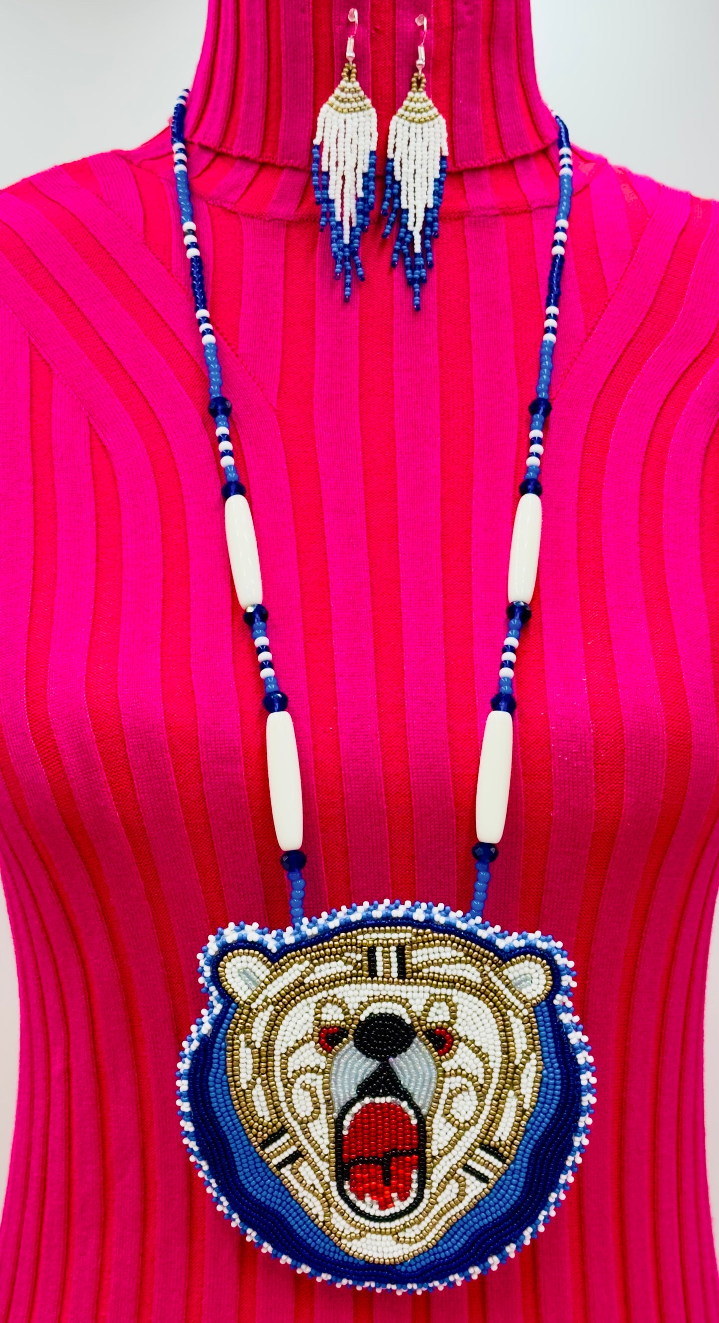Blue White Beaded Roaring Bear Pendant Necklace & Earrings Set
