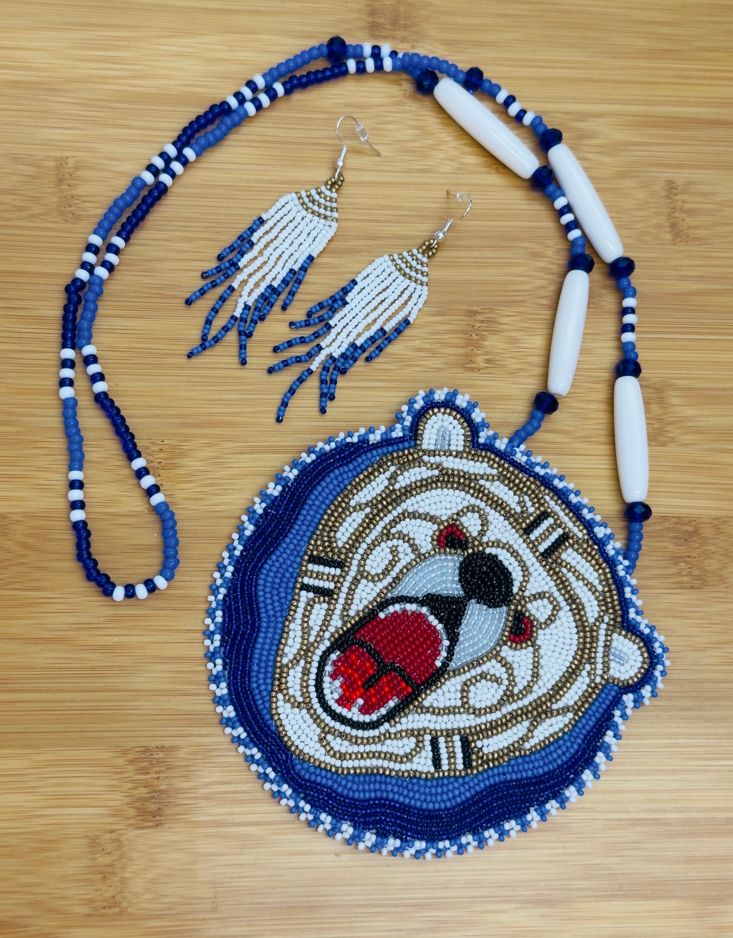 Blue White Beaded Roaring Bear Pendant Necklace & Earrings Set