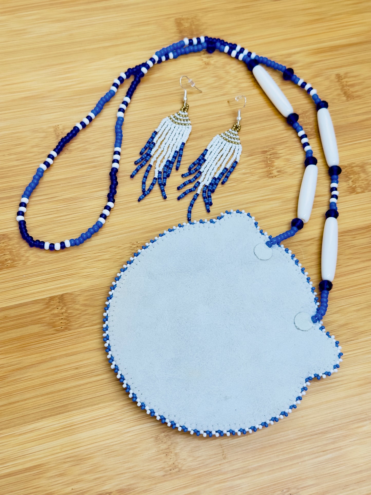 Blue White Beaded Roaring Bear Pendant Necklace & Earrings Set