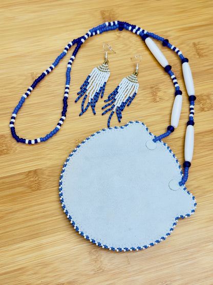 Blue White Beaded Roaring Bear Pendant Necklace & Earrings Set