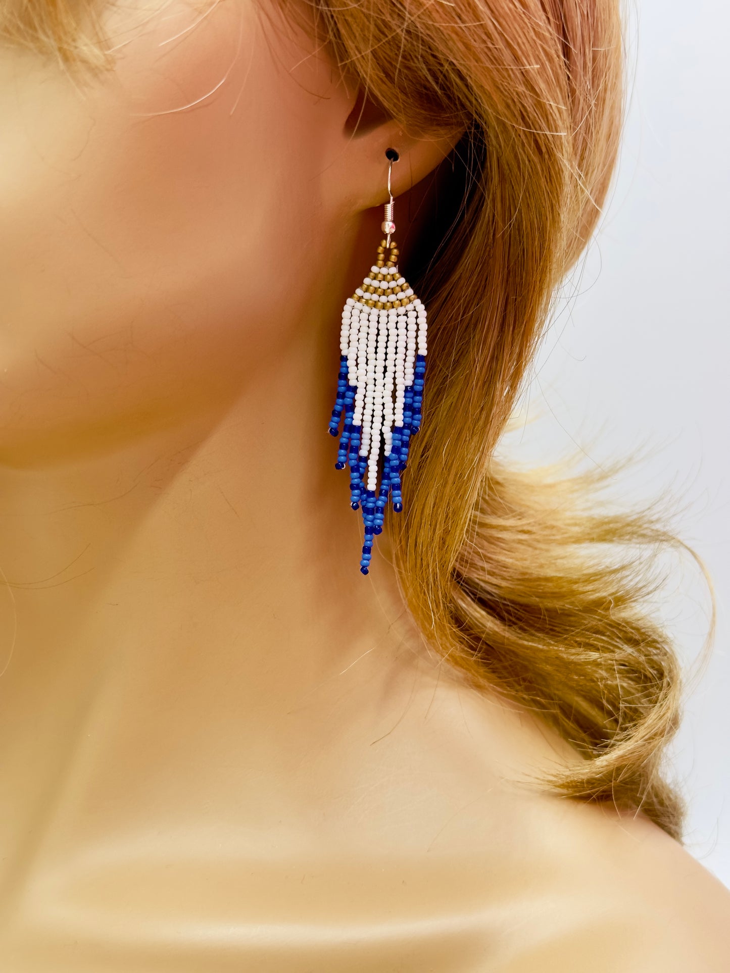 Blue White Beaded Roaring Bear Pendant Necklace & Earrings Set