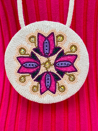 Pink Purple Floral Beaded Pendant Necklace & Earrings Set