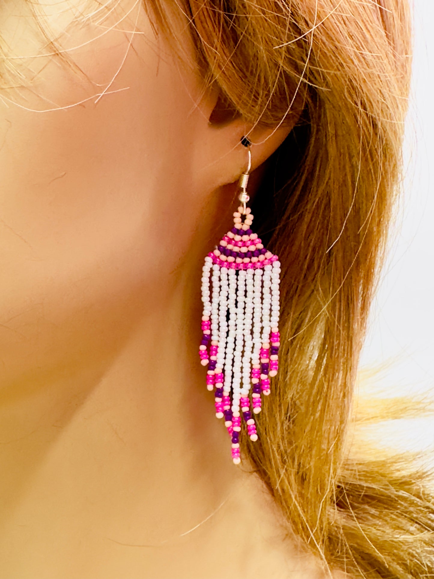 Pink Purple Floral Beaded Pendant Necklace & Earrings Set