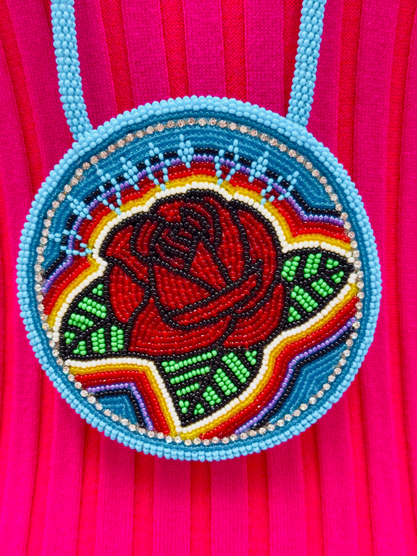 Red Rose Blue Beaded Pendant Necklace & Earrings Set