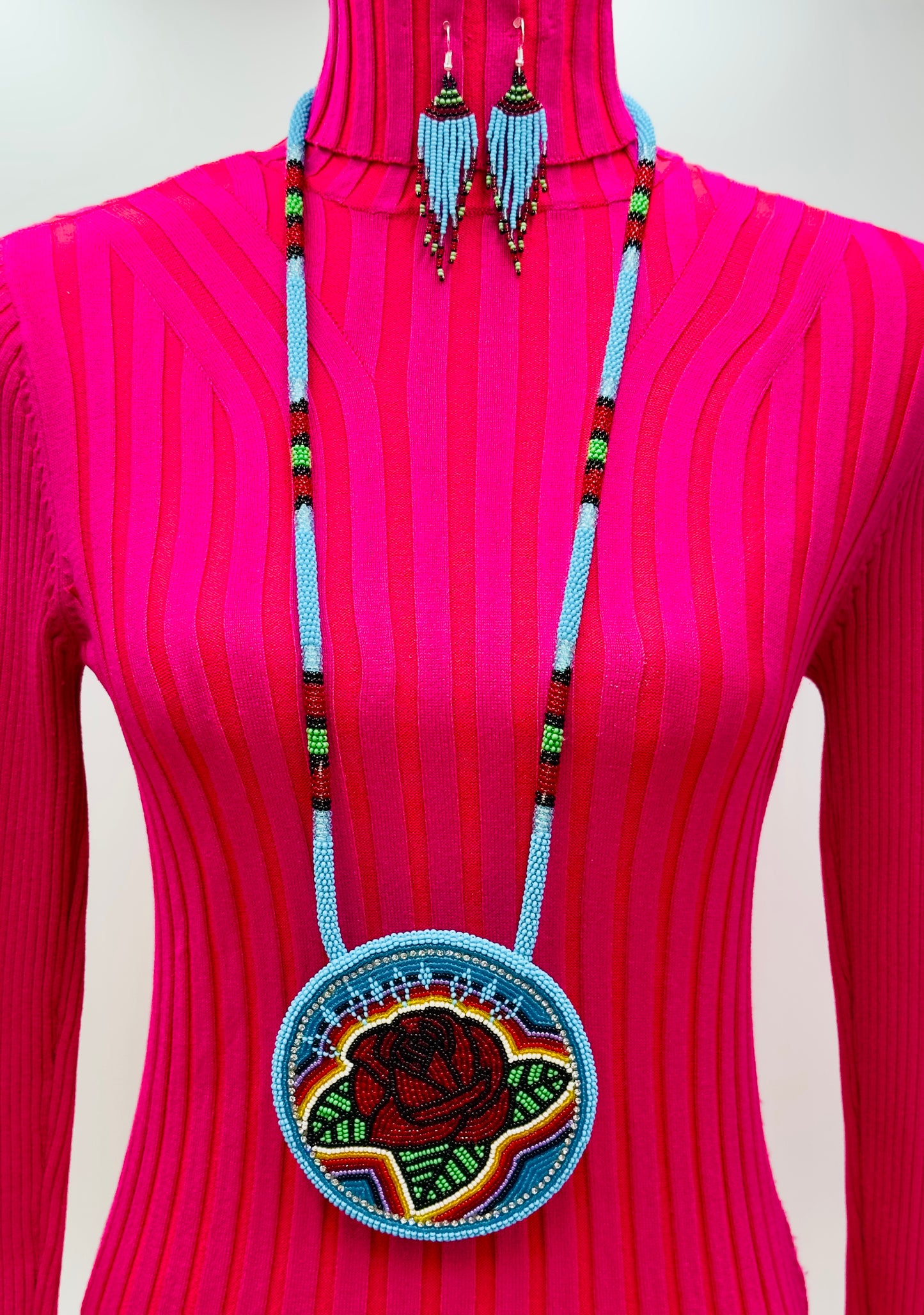 Red Rose Blue Beaded Pendant Necklace & Earrings Set