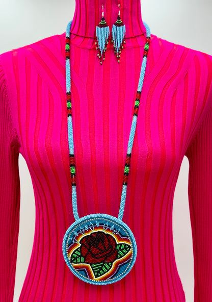 Red Rose Blue Beaded Pendant Necklace & Earrings Set