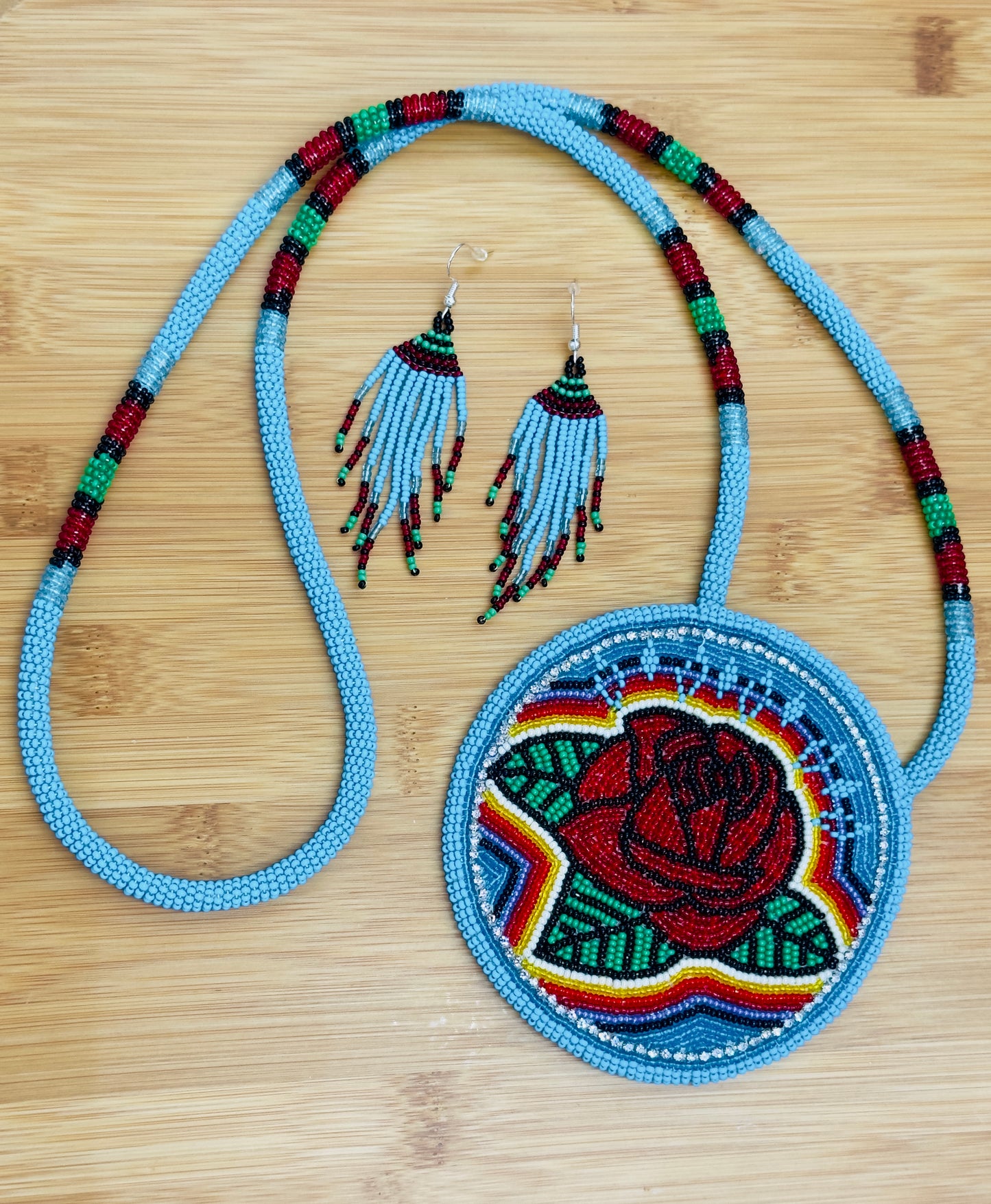 Red Rose Blue Beaded Pendant Necklace & Earrings Set