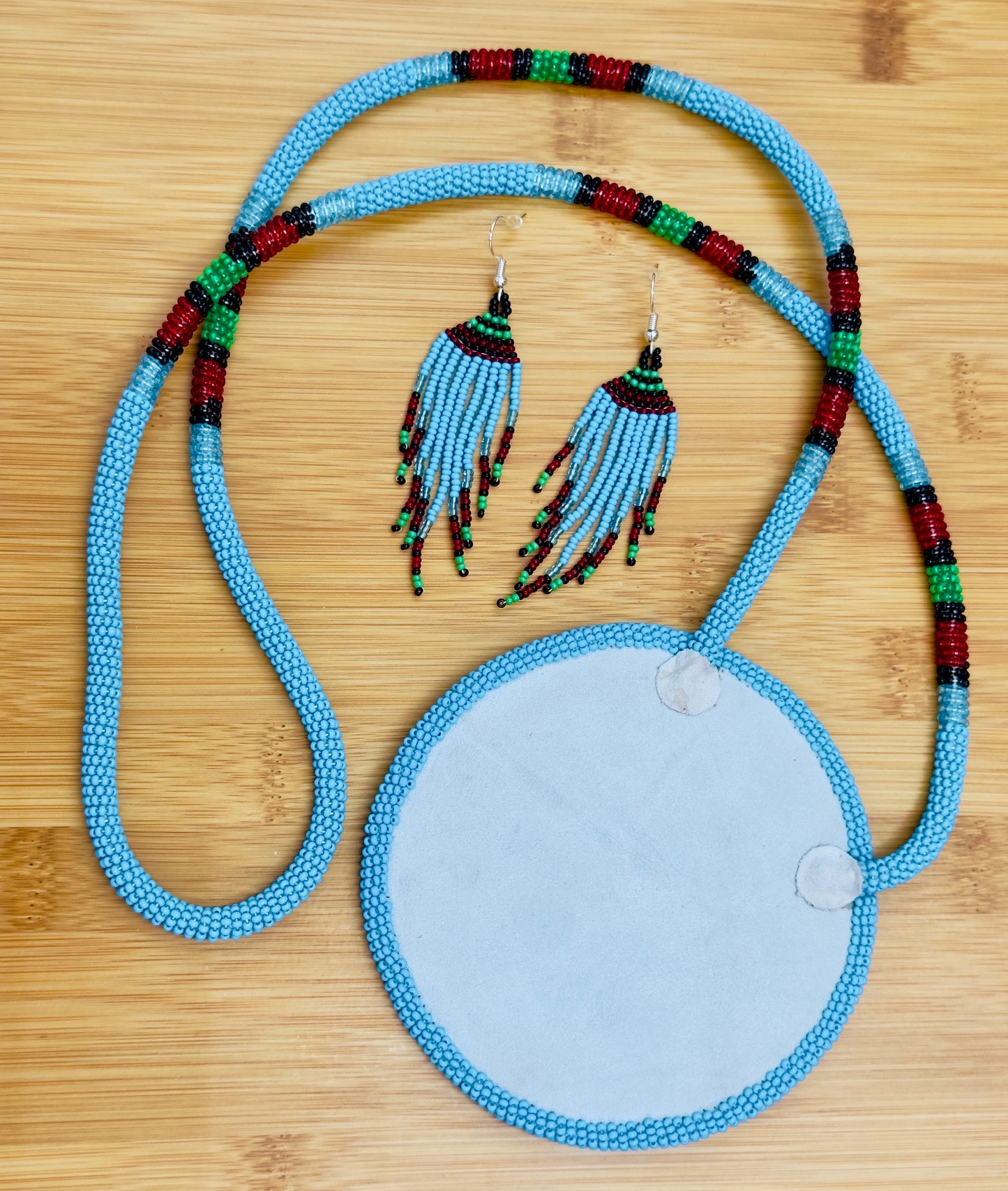 Red Rose Blue Beaded Pendant Necklace & Earrings Set