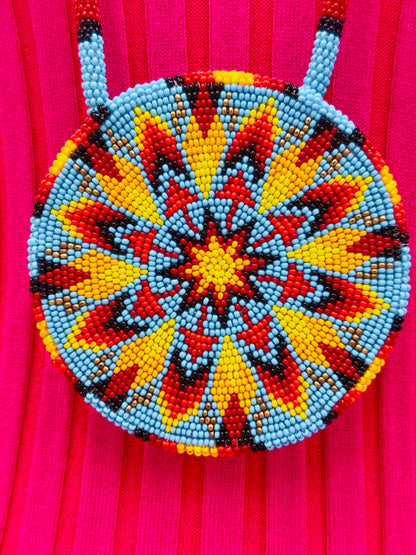 Cyan Blue Fire Sunburst Beaded Pendant Necklace & Earrings Set