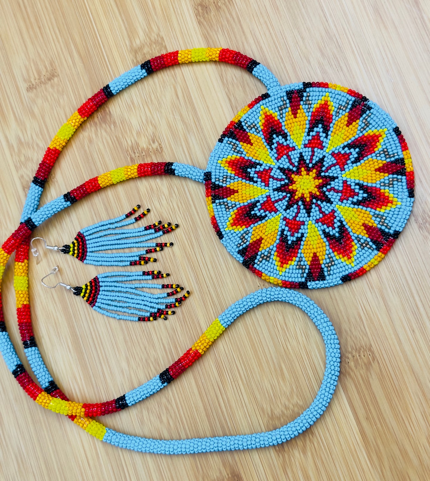 Cyan Blue Fire Sunburst Beaded Pendant Necklace & Earrings Set