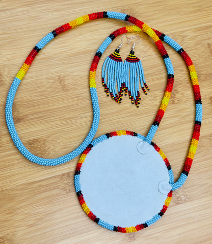 Cyan Blue Fire Sunburst Beaded Pendant Necklace & Earrings Set