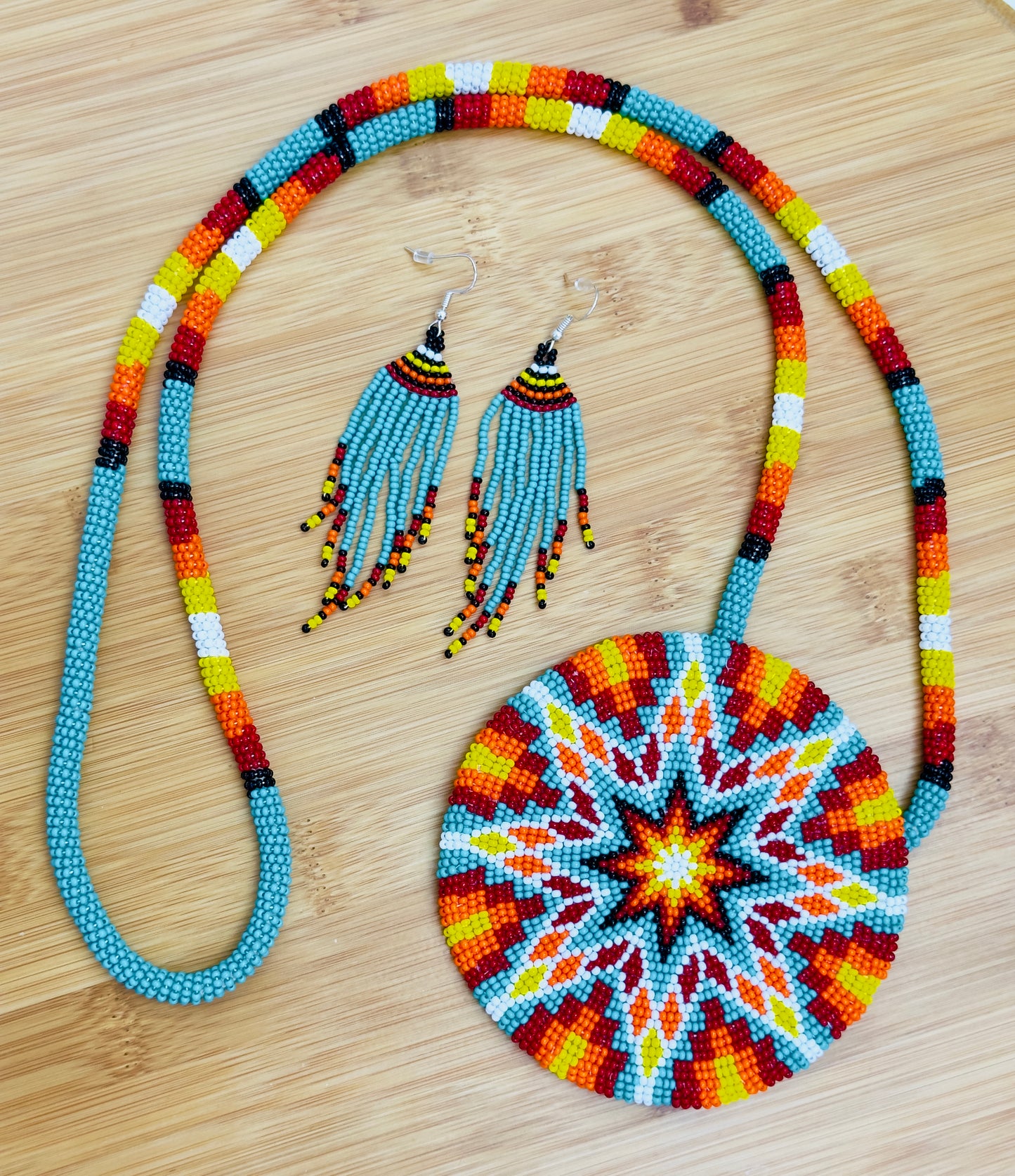 Sea Green Multi color Sunburst Beaded Pendant Necklace & Earrings Set