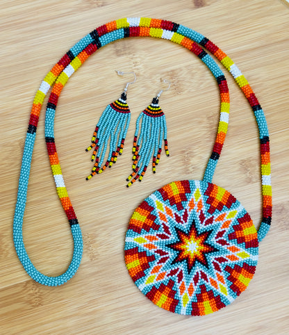 Sea Green Multi color Sunburst Beaded Pendant Necklace & Earrings Set