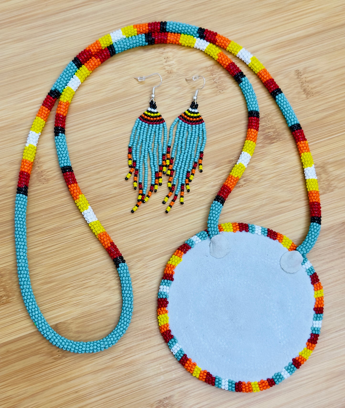 Sea Green Multi color Sunburst Beaded Pendant Necklace & Earrings Set