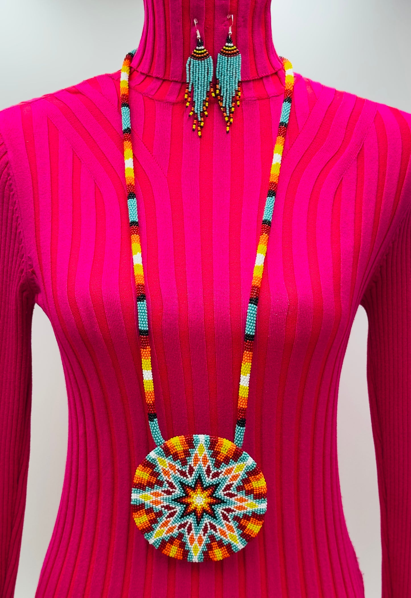 Sea Green Multi color Sunburst Beaded Pendant Necklace & Earrings Set