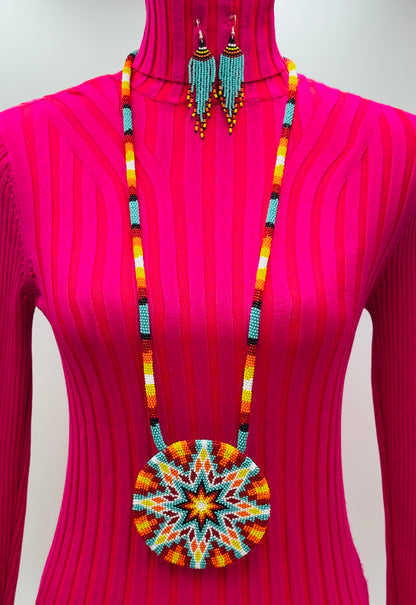 Sea Green Multi color Sunburst Beaded Pendant Necklace & Earrings Set