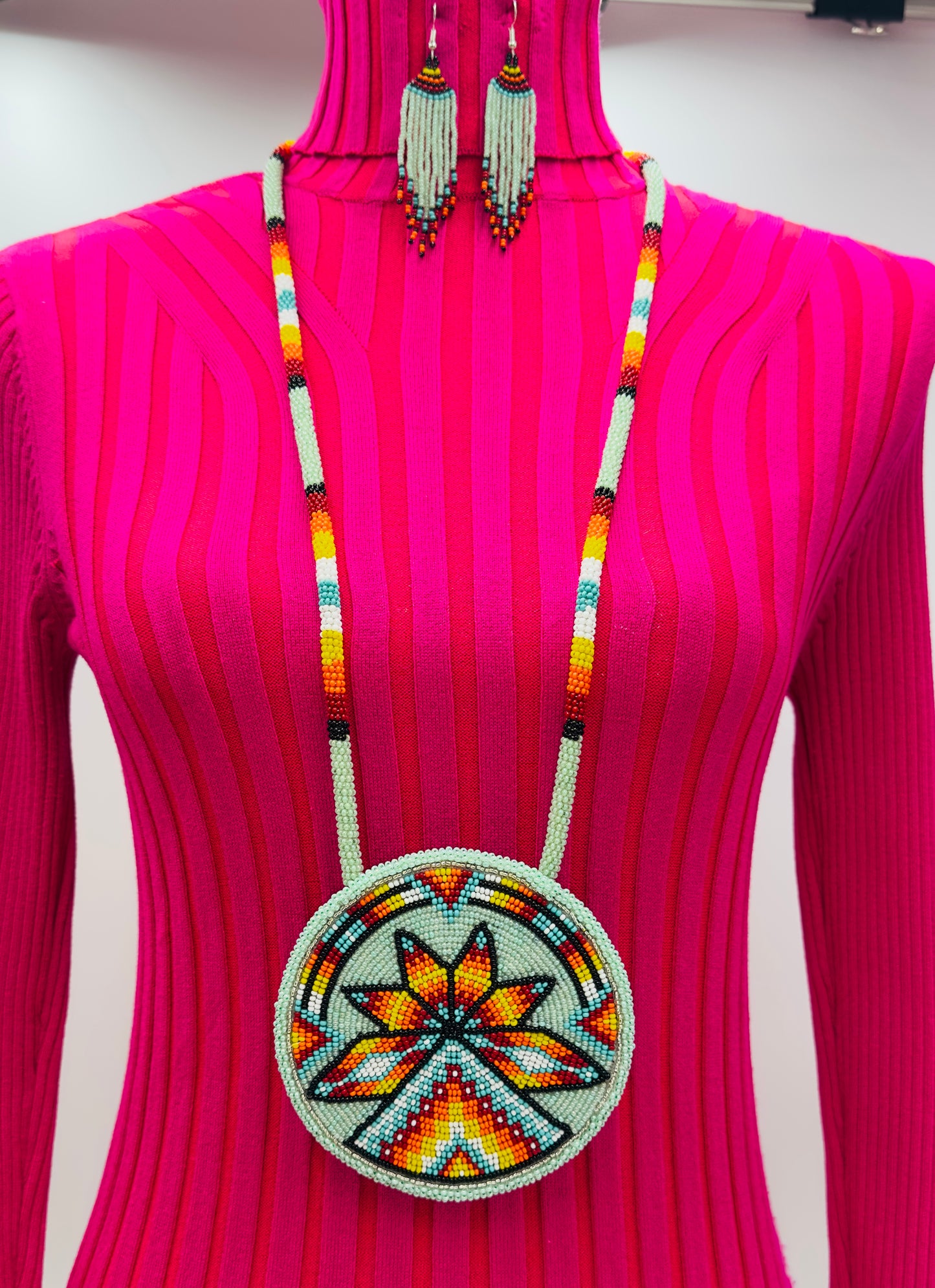 Light Green Fire Sunburst Tepee Beaded Pendant Necklace & Earrings Set