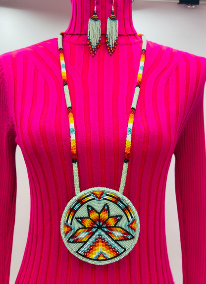 Light Green Fire Sunburst Tepee Beaded Pendant Necklace & Earrings Set