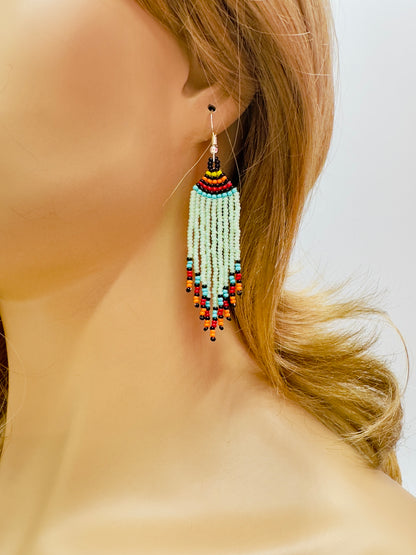 Light Green Fire Sunburst Tepee Beaded Pendant Necklace & Earrings Set
