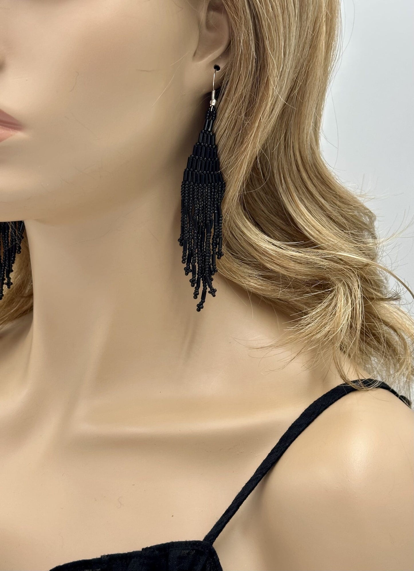 Handmade Beaded Black Seed Bead Big Earrings