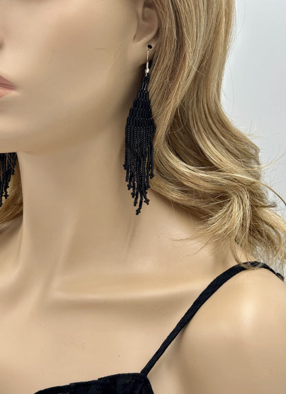 Handmade Beaded Black Seed Bead Big Earrings