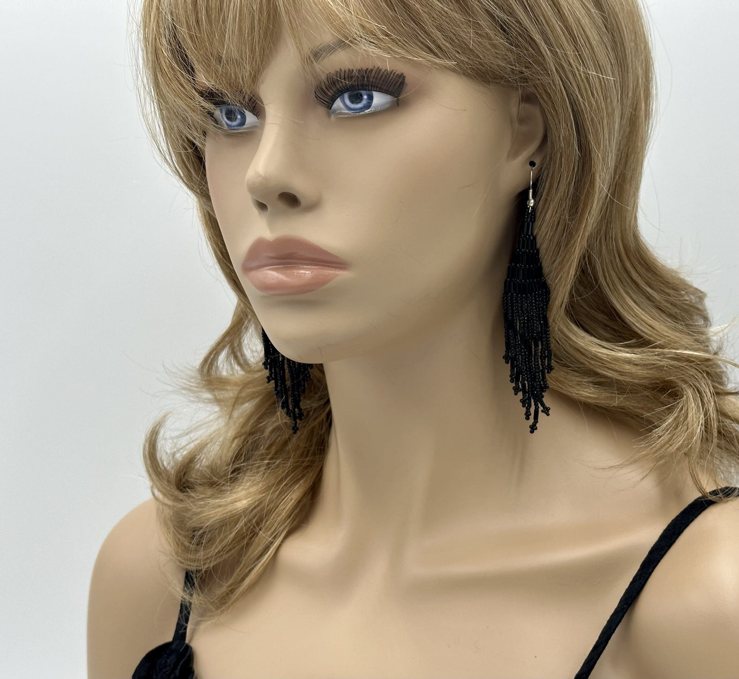 Handmade Beaded Black Seed Bead Big Earrings