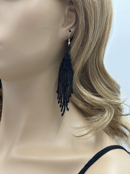 Handmade Beaded Black Seed Bead Big Earrings