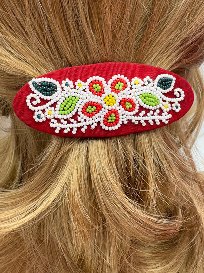 Handmade beaded Red French 4” Hair Barrette
