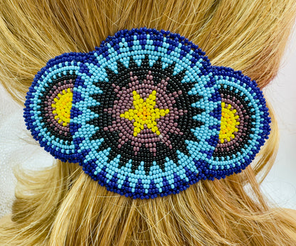 Handmade Beaded Blue Barrette 5” – Starburst Design
