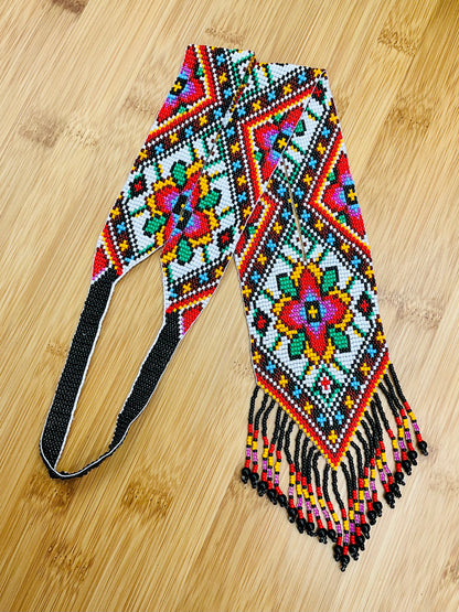 Native Tribal Style Long Statement Beaded Necklace for Women Y Shape - Red Orange Southwest