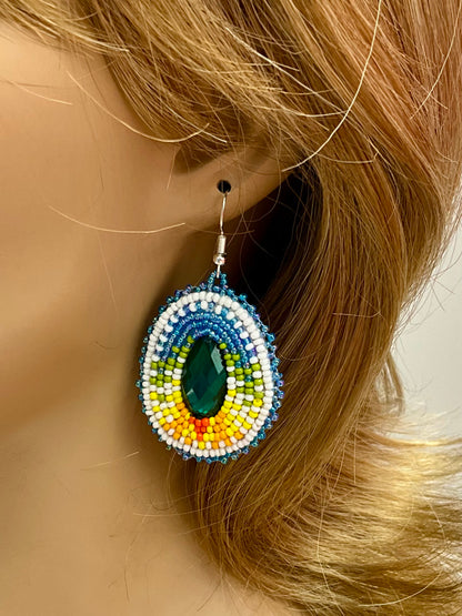 Handmade beaded Rainbow Glow Aqua Blue Beaded Earrings