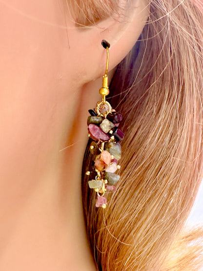 Natural handmade Gemstone Chips Dangle Earrings – Golden Polish Hooks