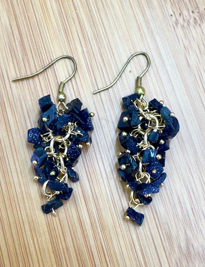 Blue Goldstone Gemstone Dangle Earrings – Handmade with Gold Accents