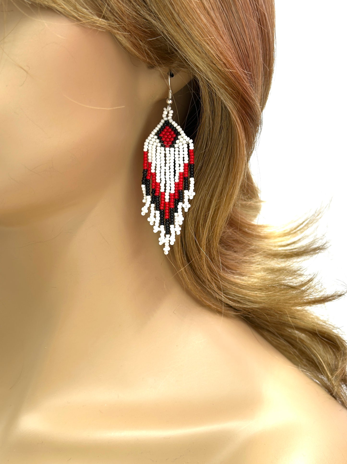 Handmade Beaded Necklace and Earring Set – Red, White & Black Tribal Pattern