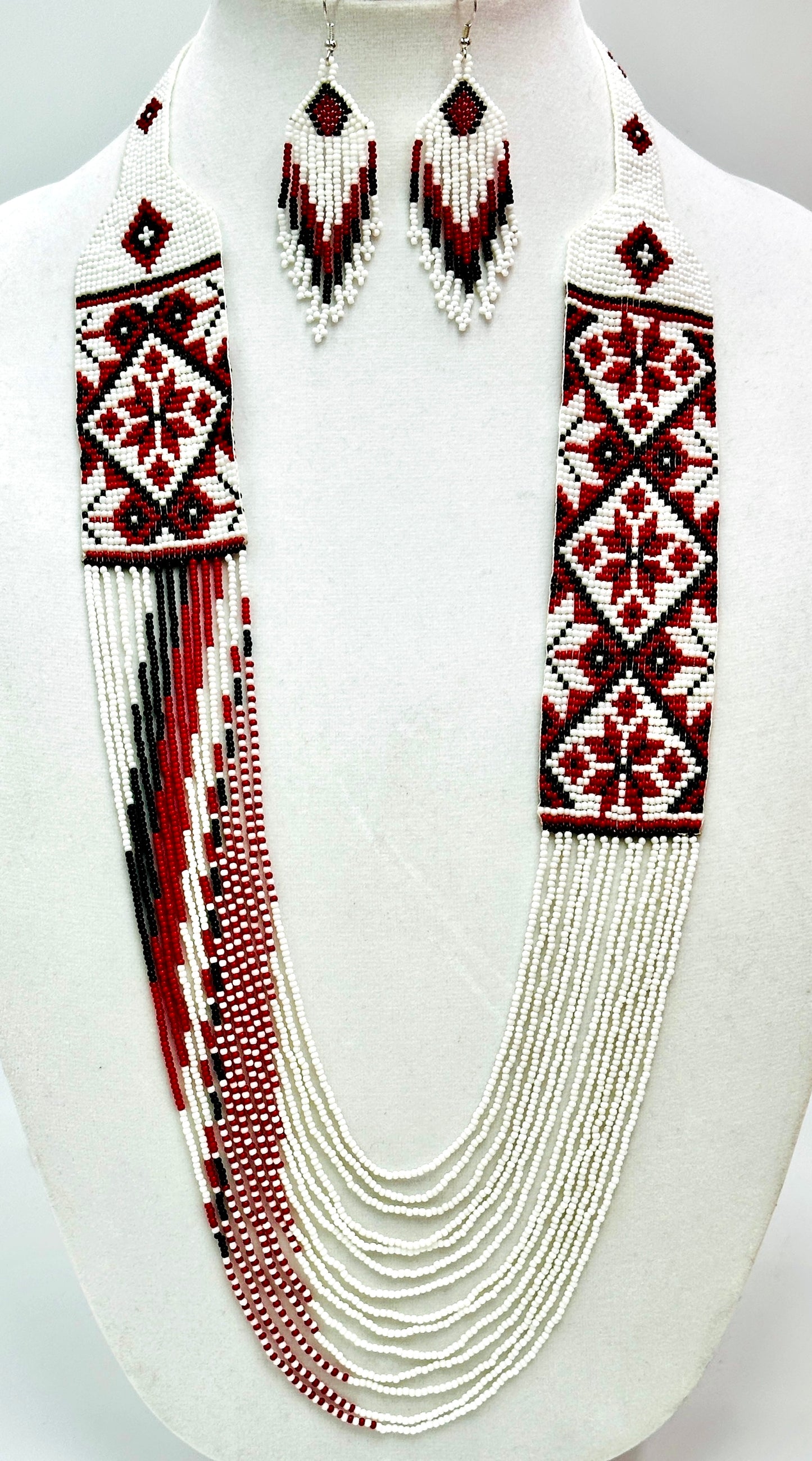 Handmade Beaded Necklace and Earring Set – Red, White & Black Tribal Pattern