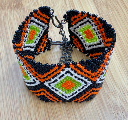 Handmade Geometric Beaded Cuff Bracelet – Black, Orange & Lime Green