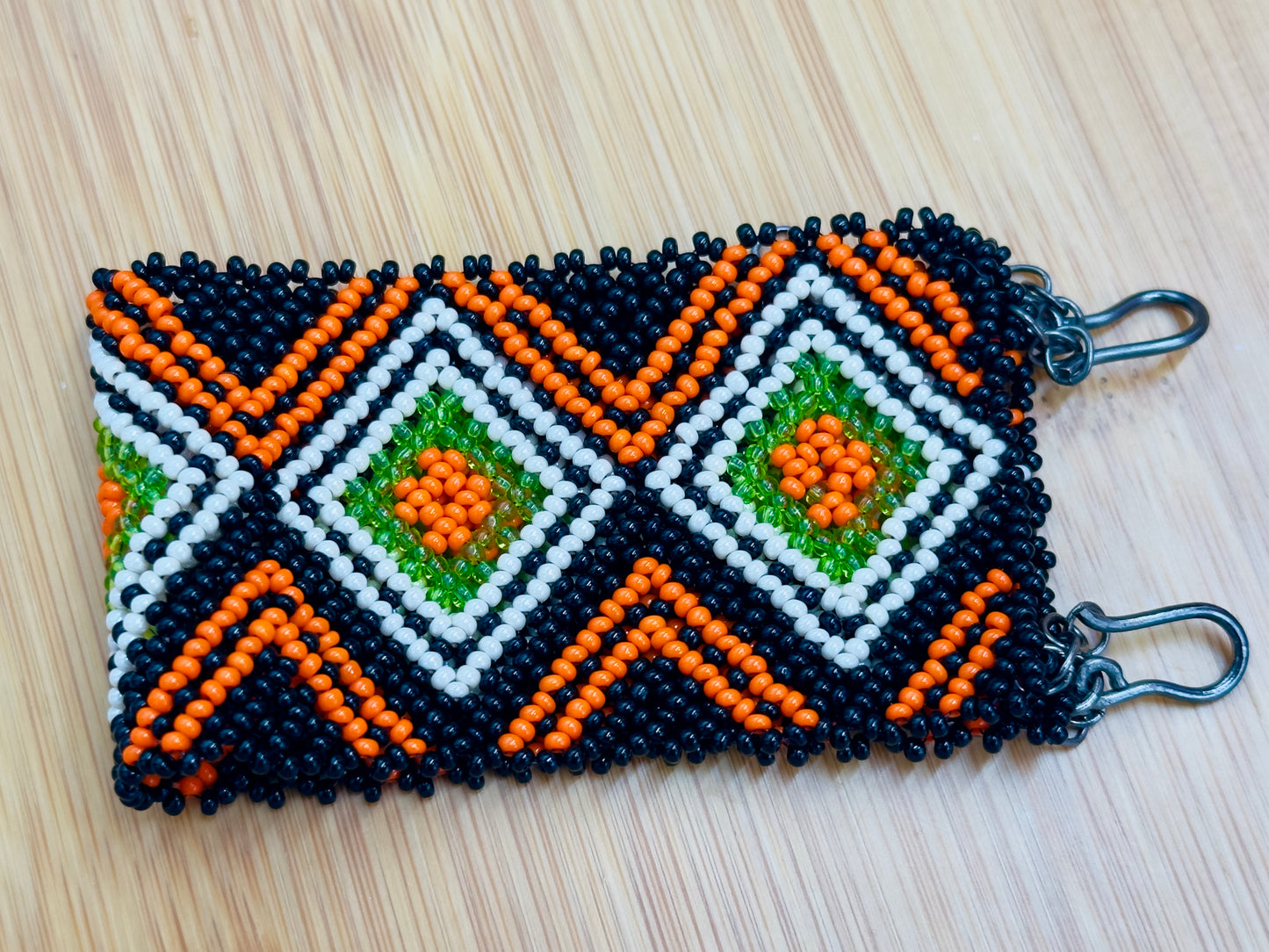 Handmade Geometric Beaded Cuff Bracelet – Black, Orange & Lime Green
