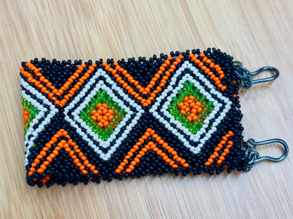 Handmade Geometric Beaded Cuff Bracelet – Black, Orange & Lime Green