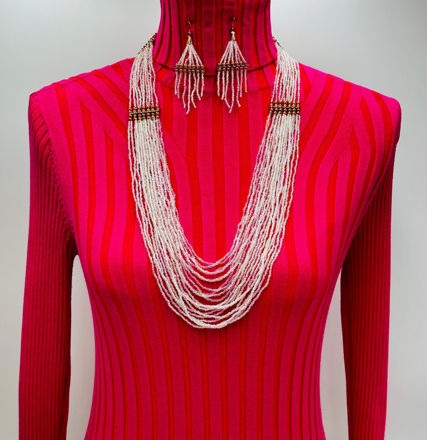 Handmade beaded White Copper layered necklace earrings set