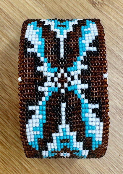 Handmade Beaded Cuff Bracelet – Brown, Turquoise & White 1.5”