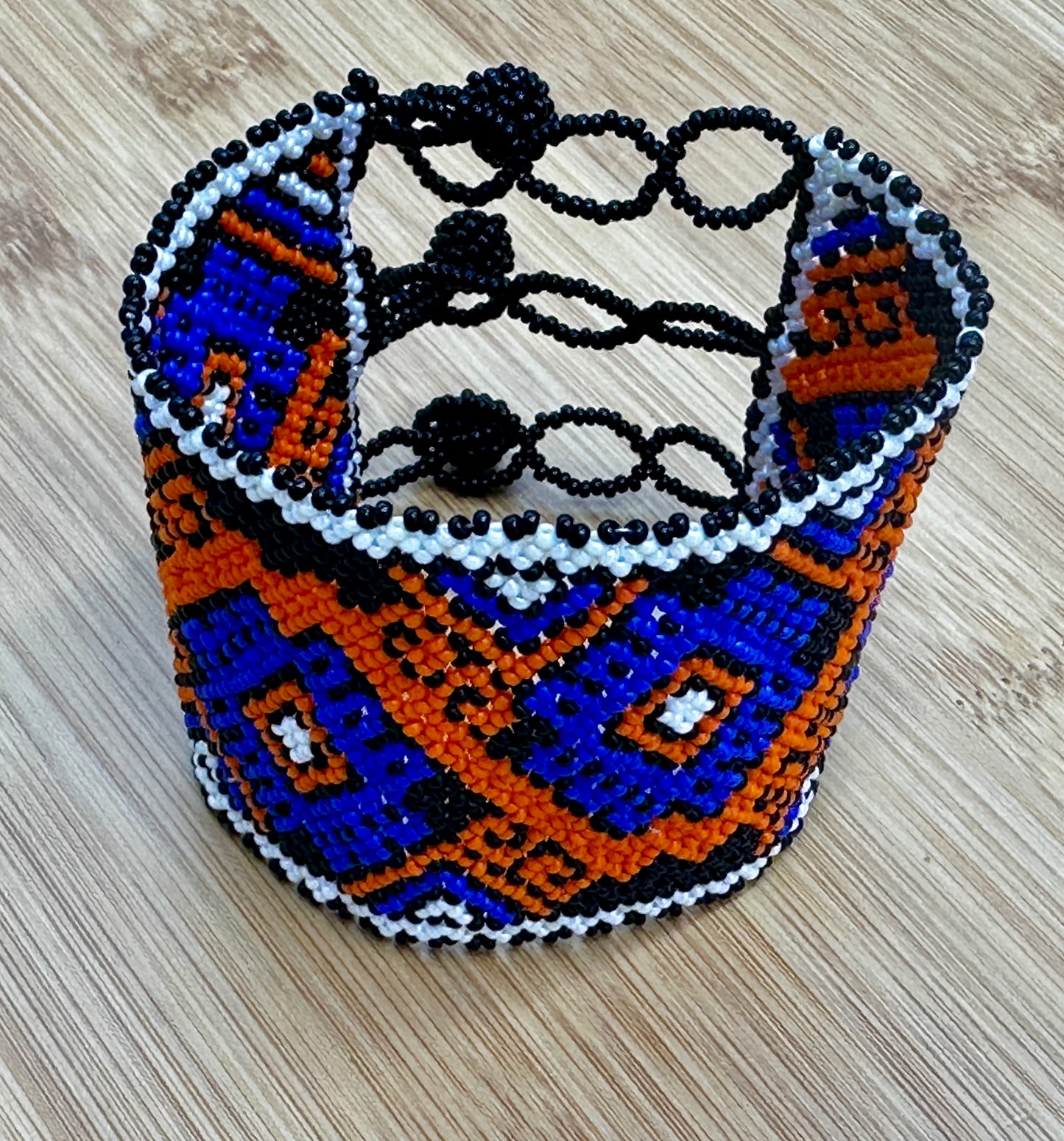 Handmade Geometric Beaded Cuff- Blue Orange