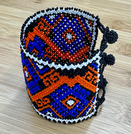 Handmade Geometric Beaded Cuff- Blue Orange