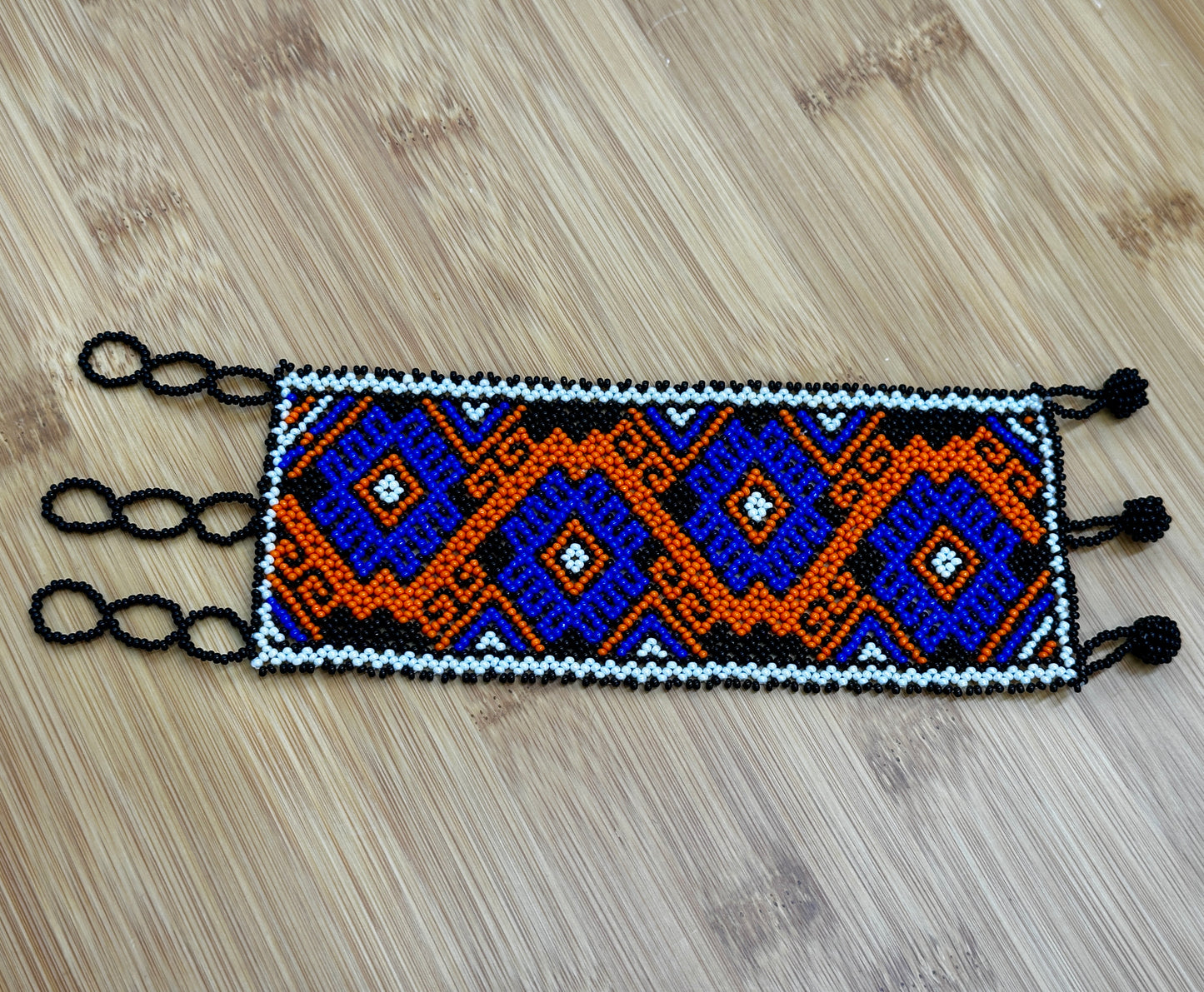 Handmade Geometric Beaded Cuff- Blue Orange