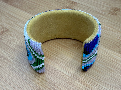 Handmade Beaded Cuff Bracelet – 1.5” Wide, Peacock Feather adjustable