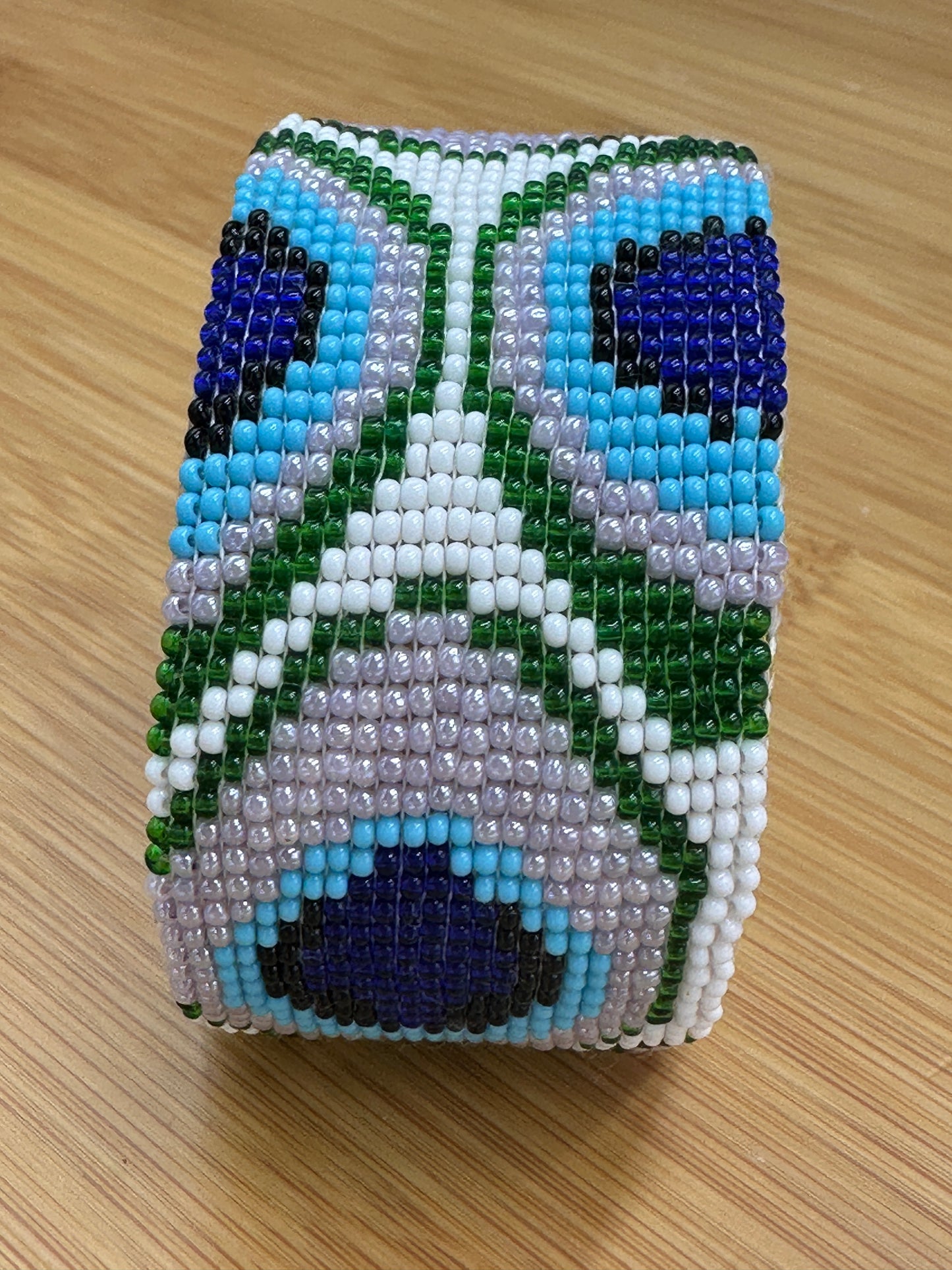 Handmade Beaded Cuff Bracelet – 1.5” Wide, Peacock Feather adjustable
